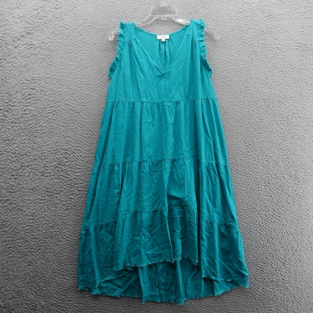 Umgee USA Tiered Midi Dress Small Teal Linen Blend Sleeveless Ruffle Trim